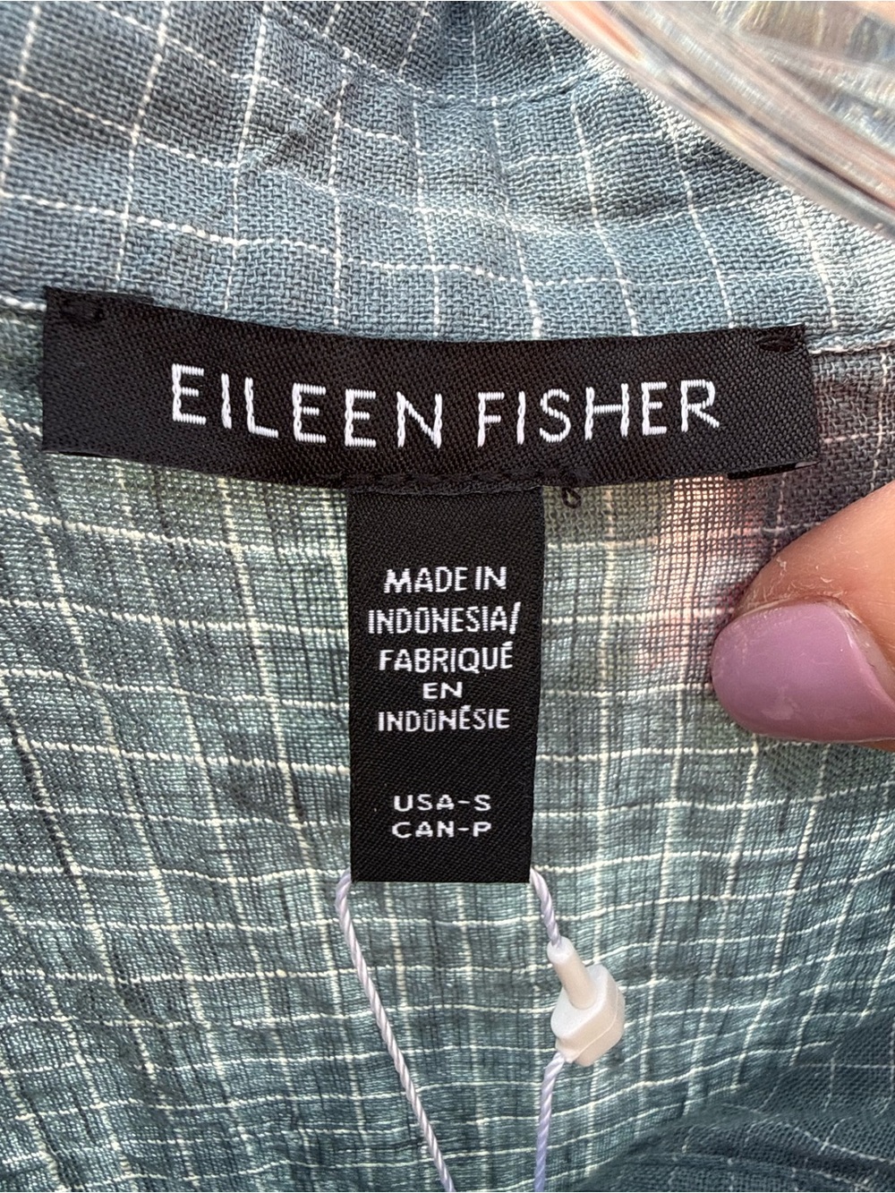 Eileen Fisher Organic Linen Grid Sleeveless Button Shirt Nile S NWT - Picture 6 of 16